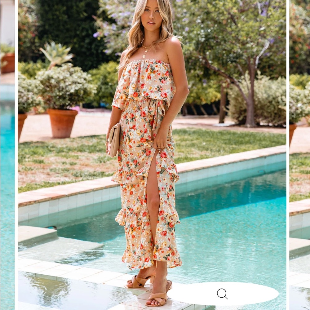 Vici Sofia Strapless Floral Tiered Maxi Dress